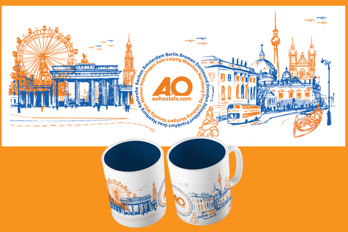 White and orange design with the title 'Create a mind-blowing mug design for a hostel chain'