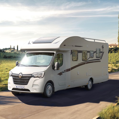 CGI design with the title 'Exterior rendering for the Renault Master in Tuscany environment'