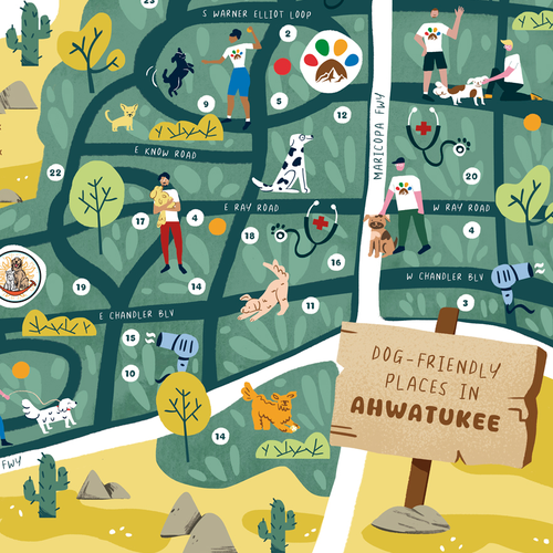 Map artwork with the title 'Fun Illustrated Map of Dog Friendly Places Around Town'