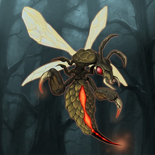 Game design artwork with the title 'WASP - game character design'