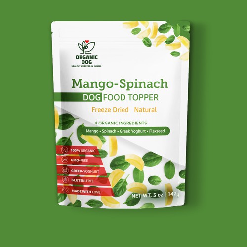 Contemporary packaging with the title 'Stand-up pouch for natural organic dog food topper treats'