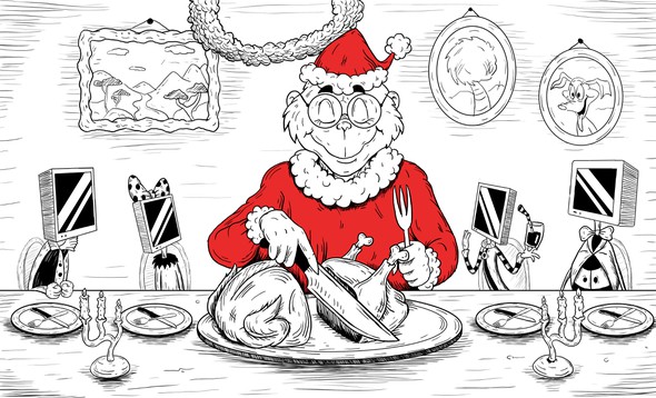 Cartoon illustration with the title 'Grinch with Whos who have monitors instead of heads.'