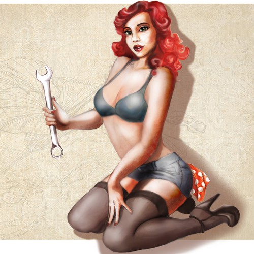 Pin-up girl artwork with the title 'Kneeling pin-up girl for a motorcycle shop'