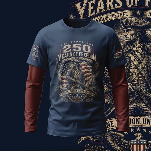 Clothes design with the title '250 Years of Freedom — Patriotic Tactical Apparel Design'