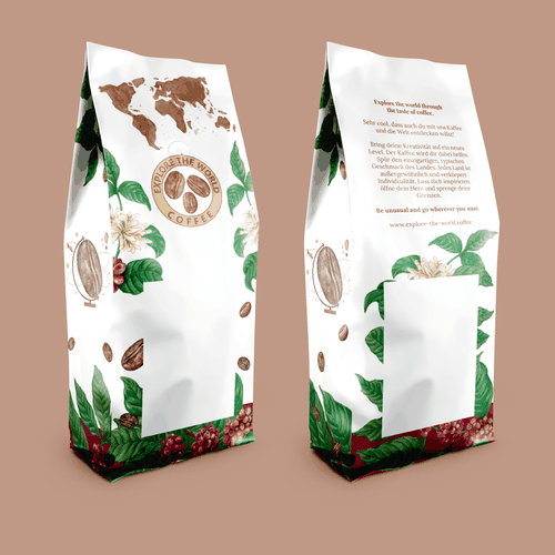 Green packaging with the title 'EXPLORE THE WORLD COFFEE'