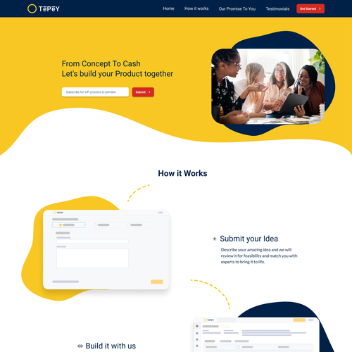 Yellow website with the title 'Curated Marketplace Landing Page Concept'