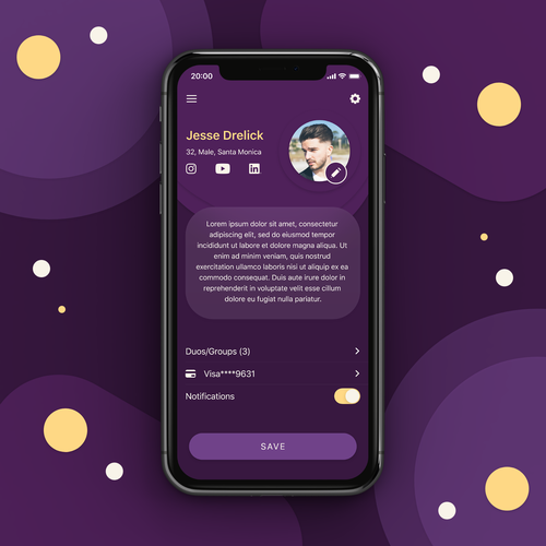 Adobe XD design with the title 'App screen for the nightclub app'