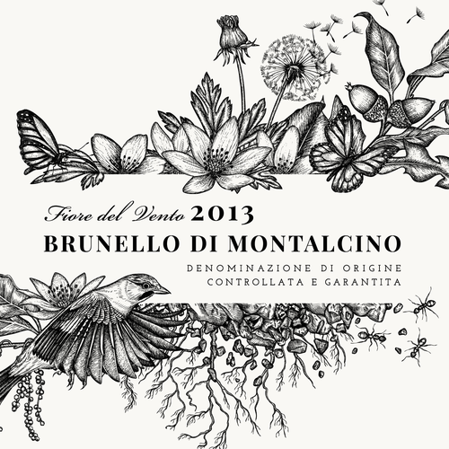 Butterfly design with the title 'Illustration for Brunello di Montalcino 2013 - Fiore del Vento Label of "Corte Pavone" Wine Estate in Montalcino, Toscana.'