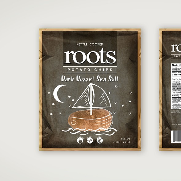 Potato chip packaging with the title 'ROOTS POTATO CHIPS'