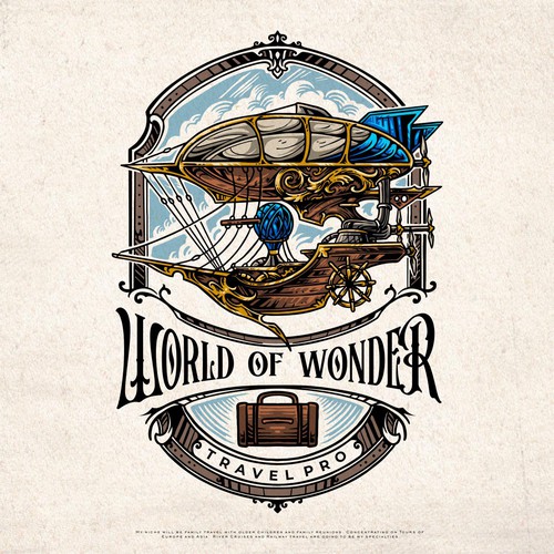Steampunk logo with the title 'World of Wonder Travel Pro steampunk logo'
