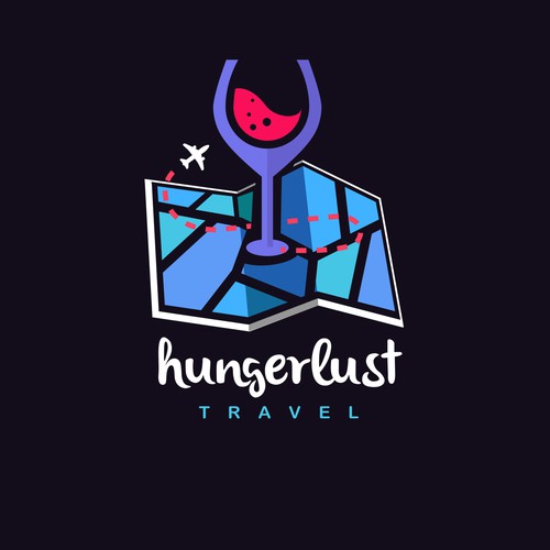Wine bottle logo with the title 'Hungerlust Travel'