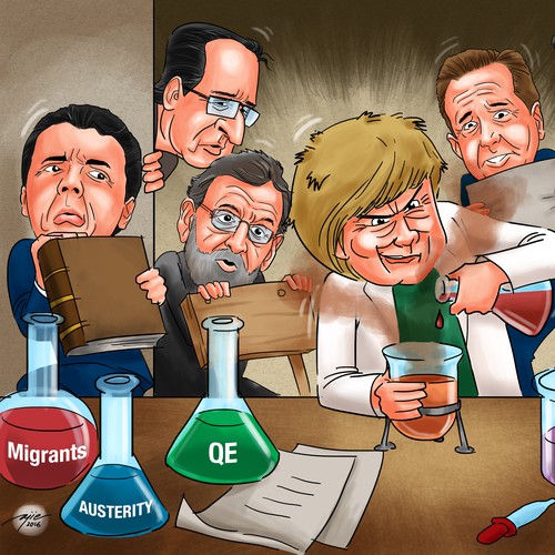 Caricature artwork with the title 'Editorial Cartoon for "La Catarsi del Capitalismo" book by Fabio Zoffi'