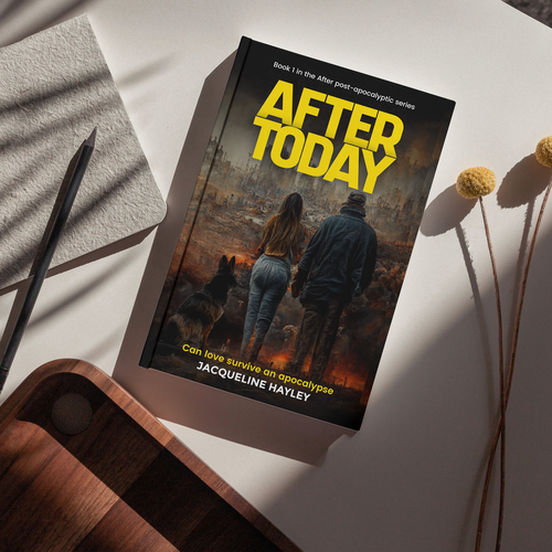 Post-apocalyptic book cover with the title 'Book Cover design for post apocalyptic fiction'