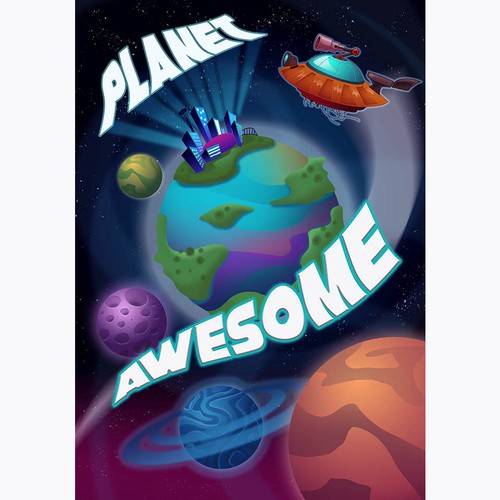Planet illustration with the title 'Planet Awesome poster'