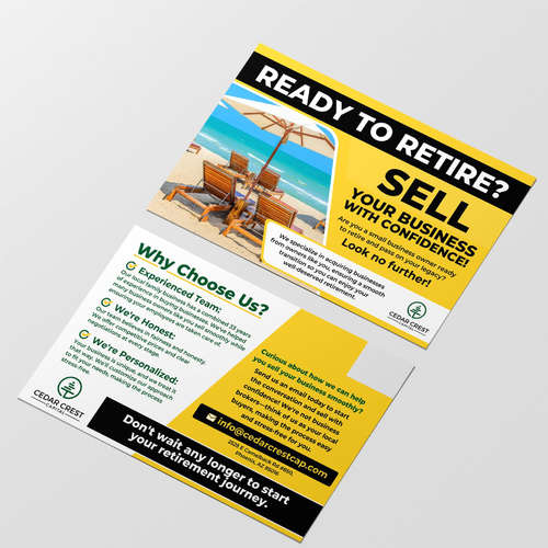 Direct mail design with the title 'Direct mailer for small business owners looking to sell their company'