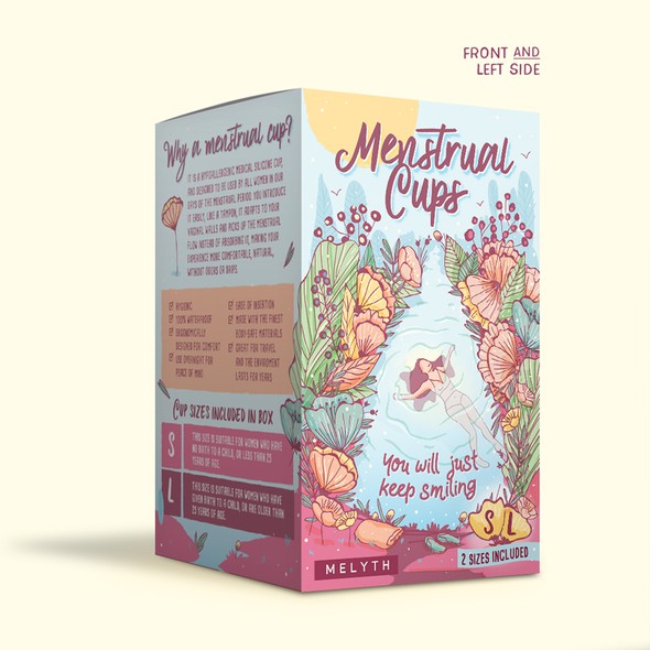 Illustration packaging with the title 'Illustrated and feminine design for menstrual cups package'