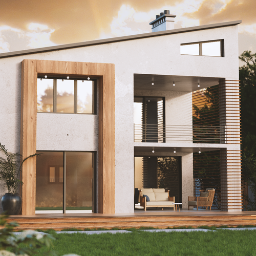 Exterior design with the title '3D render of a house exterior'