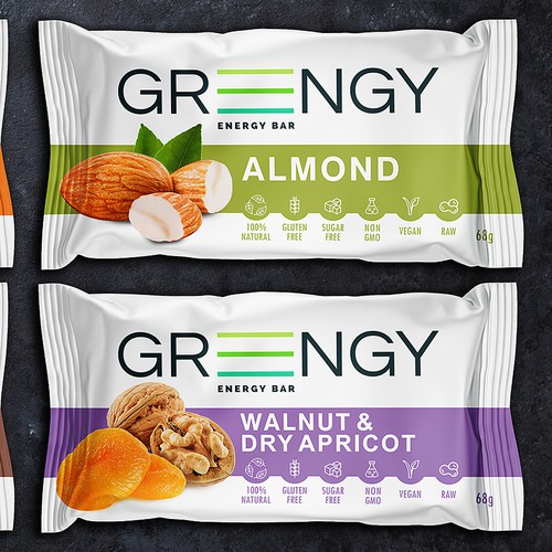 Almond packaging with the title 'Packing Grengy Energy Bar'