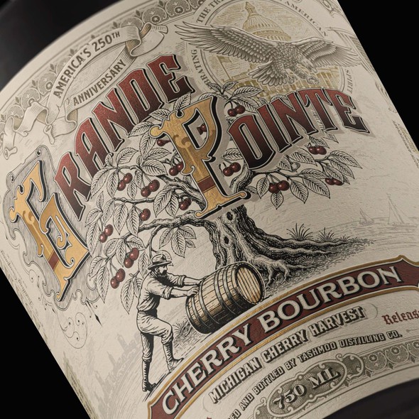 Tequila label with the title 'Grande Pointe Cherry Bourbon Limited Release'