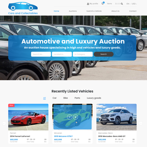 Automotive website with the title 'Cars and Collectables'