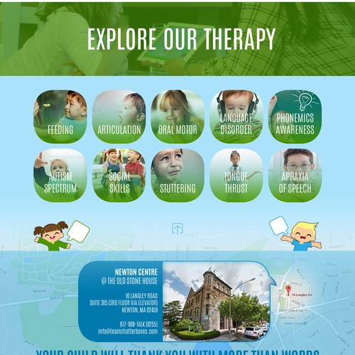 Therapy website with the title 'Chatterboxes seeks Fresh, Classy & Visual Website Illustrating how we help Kids!'