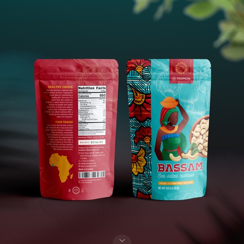Brand packaging with the title 'Detailed Sea Salted Cashews Packaging for Tropical Bassam'