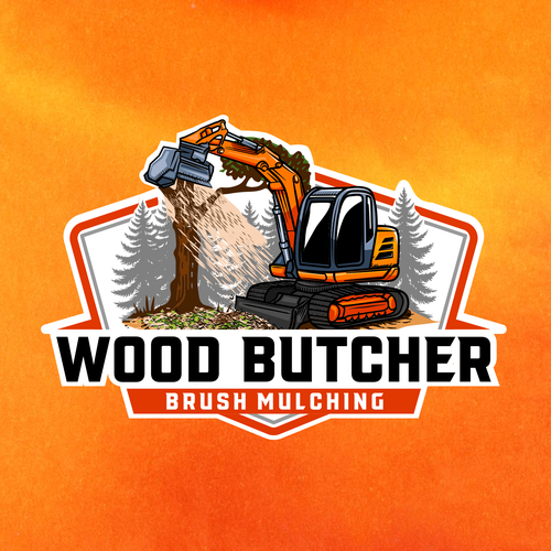 Earth mover logo with the title 'Mini Excavator Mulcher logo for Wood Butcher'