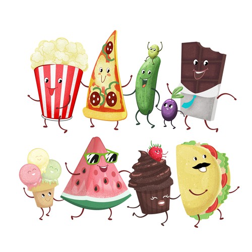 Food artwork with the title 'Fun snack food characters illustration'
