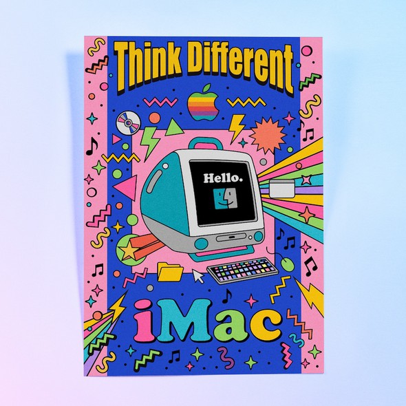 Fun illustration with the title '50 years of thinking different: Celebrating Apple through the ages'