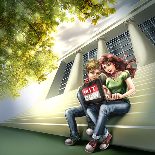 Notebook design with the title 'Illustration of a learner sitting on the steps of MIT's Killian Court'