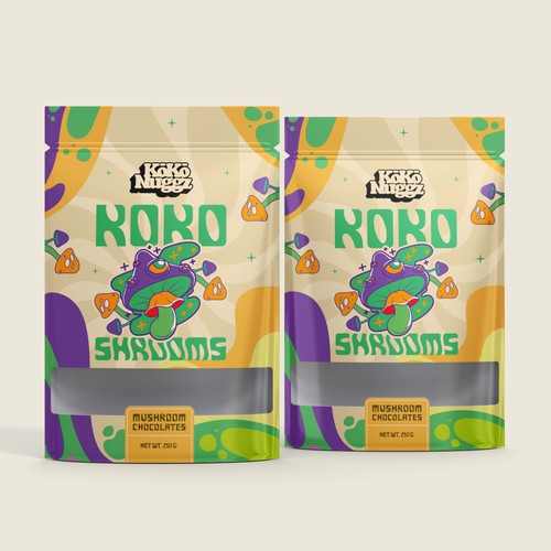 Playful packaging with the title 'Koko Shrooms'