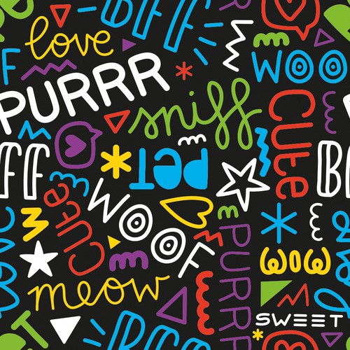 Cat illustration with the title 'Pet words seamless pattern design'