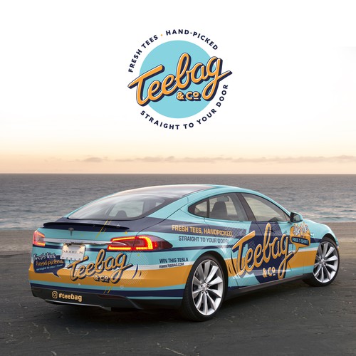 Tesla design with the title 'Crazy Tesla Road Trip Car Wrap Design'