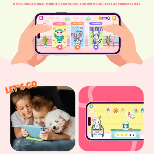 Cooking design with the title 'Fun pharmacy simulator game for kids'
