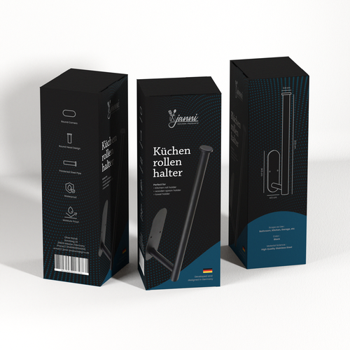 Bathroom design with the title 'Kitchen storage rack packaging for Janni Kitchen Products'