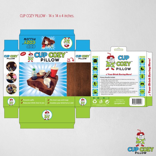 Pillow design with the title 'Product Packaging for the World's Only Cup Holding Pillow.'