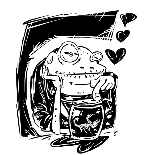 Frog illustration with the title 'frog and scorpion'