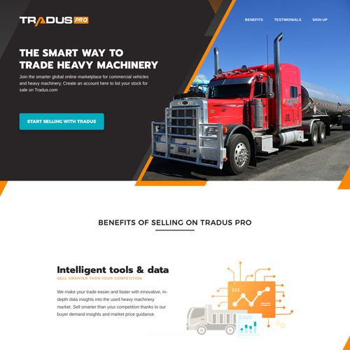 Transportation design with the title 'Landing Page for Tradus Pro from OLX'