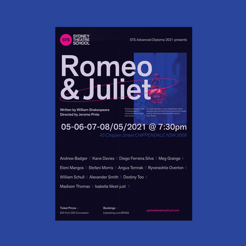 Swiss design with the title 'Sydney Theatre School - Romeo and Juliet'