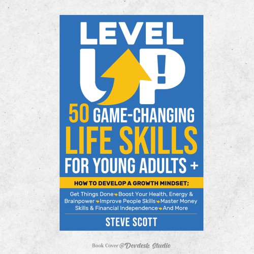 Game book cover with the title 'Level up! 50 Game-changing Life Skills for Young Adults + ebook cover'