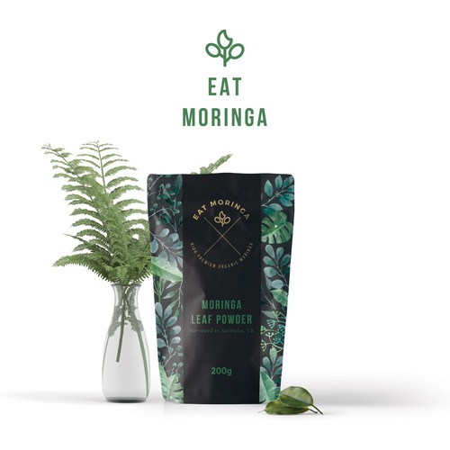 Watercolor packaging with the title 'Eat Moringa Leaf Powder Packaging'