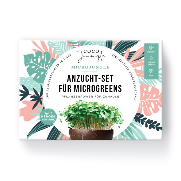 Keto packaging with the title 'Packaging Kit to grown you own Microgreens in a coconut'