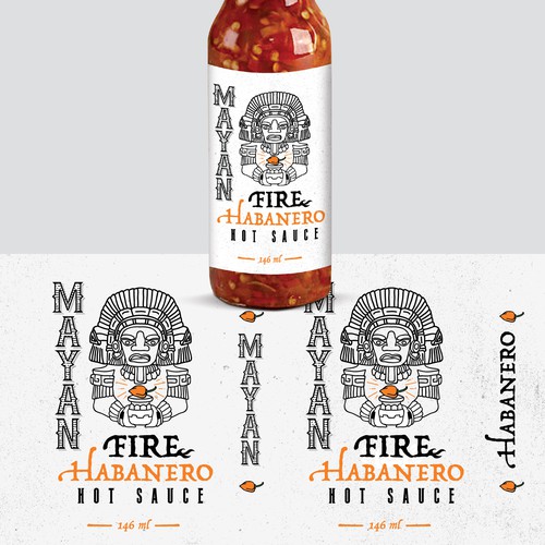 Sauce label with the title 'Mayan Fire Hot Sauce'