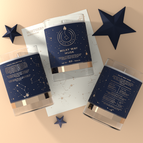 Cosmic design with the title 'Luxurious and minimalist candle sticker labels for Polaris Candles'