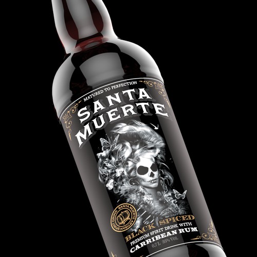 Rum label with the title 'Premium Rum - Santa Muerte'