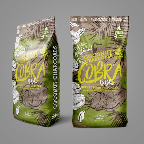 Grill design with the title 'Packaging design for Coconut charcoals - COBRA BBQ'