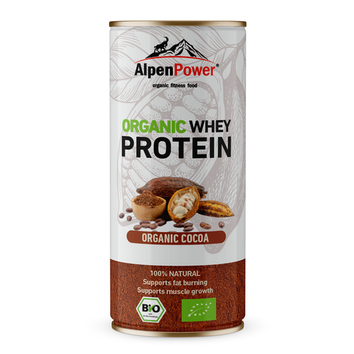 Fitness packaging with the title 'Organic whey protein'
