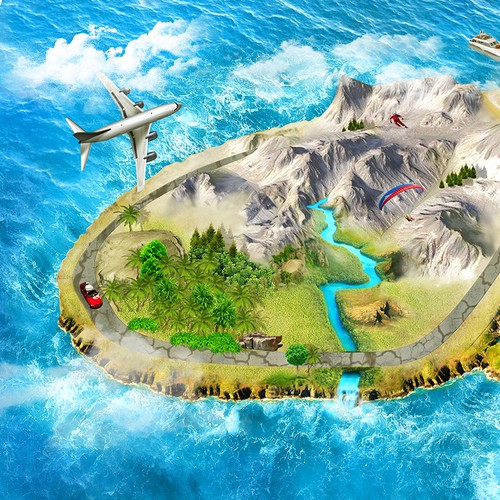 Island artwork with the title 'Help design a cool map for a new adventure game'