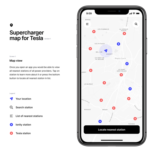 Tesla design with the title 'Supercharger app for tesla cars'