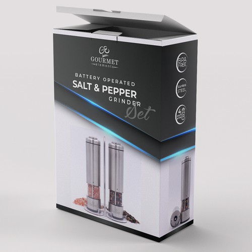Set design with the title 'Sleek, modern, stylish package for electric salt & pepper grinder set'